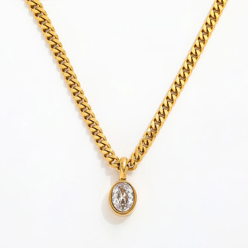 Fenny 18K Gold Plated Wholesale Chunky Cuban Chain Simple Oval Diamond Pendant Stainless Steel Necklace for Women