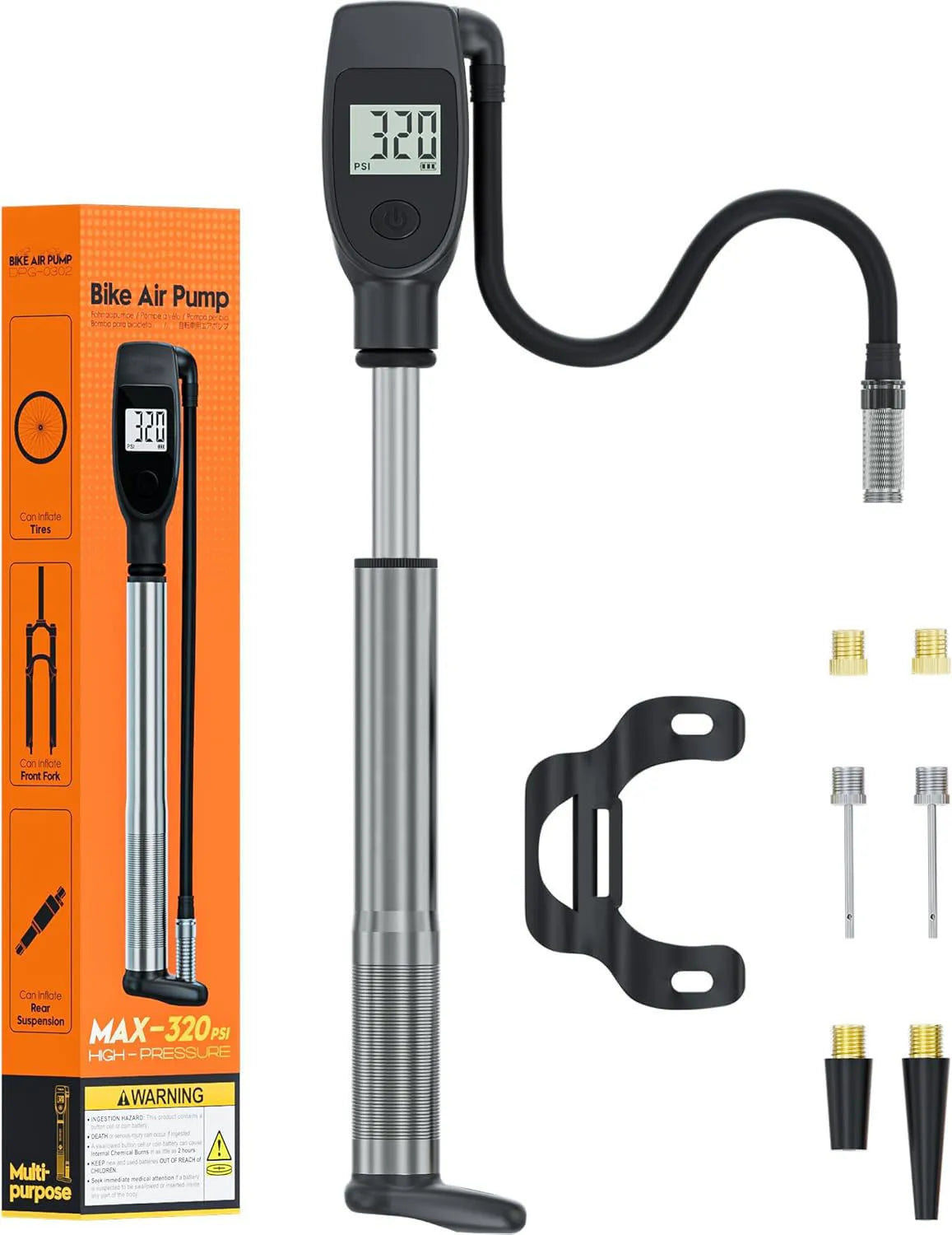 PROSTAR High-Volume Mini Double-Action Portable Aluminum Alloy Bicycle Pump 22BAR/320PSI Pressure Schrader/Presta Valves Tire
