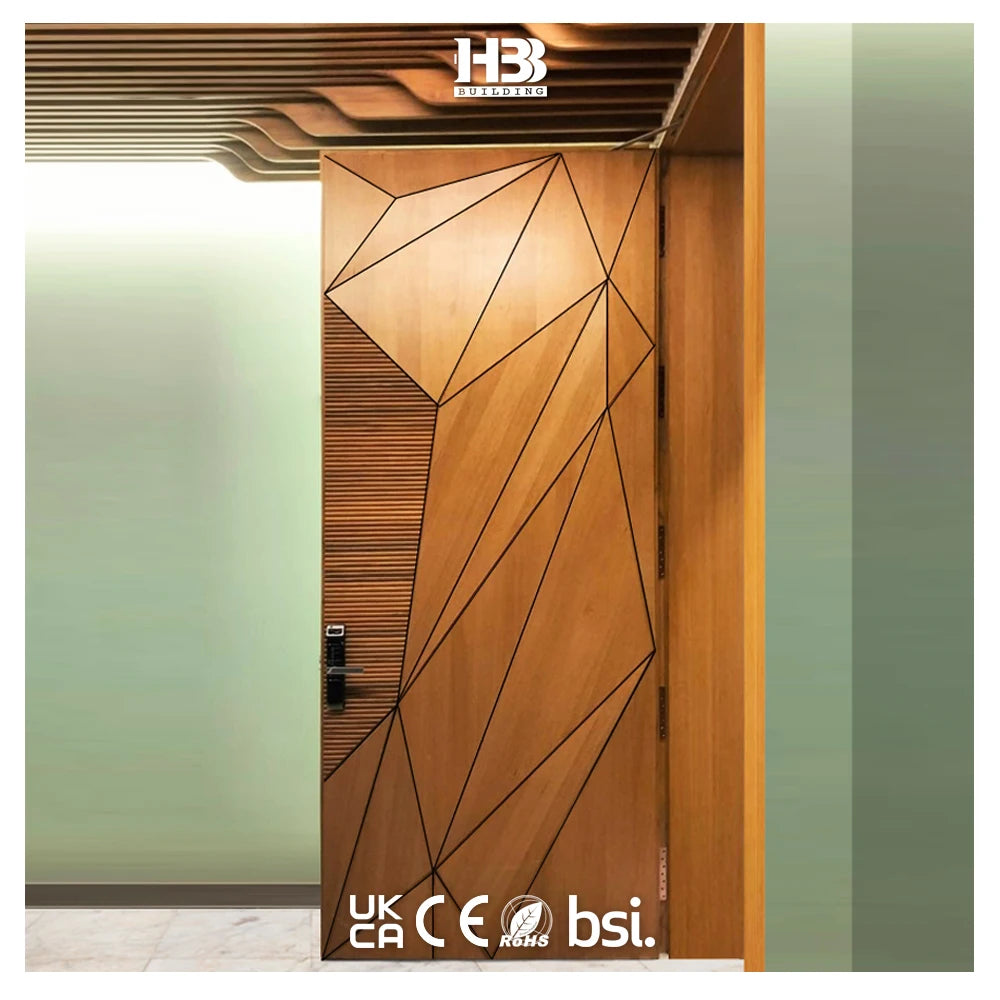 American Luxury Custom Design 3D Triangle Modern Houses Front Entry Door Waterproof Prehung Solid Wooden Swing Open Style