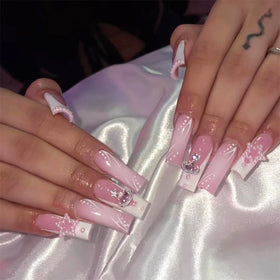 24pcs Pink ABS Press-On Nail Tips for Women and Girls Long Coffin Design with Swirls Square & Bling Glossy False Fingers