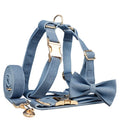 Low MOQ Customized Luxury H-shaped Denim Dog Harness Set Durable Metal Buckle Light Blue Collar Leash Matching Bowknot