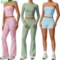 Custom Logo Sports Active Wear Strapless Yoga Vest and High Waist Flare Leggings 4Pcs Long Sleeve Workout Sets for Women