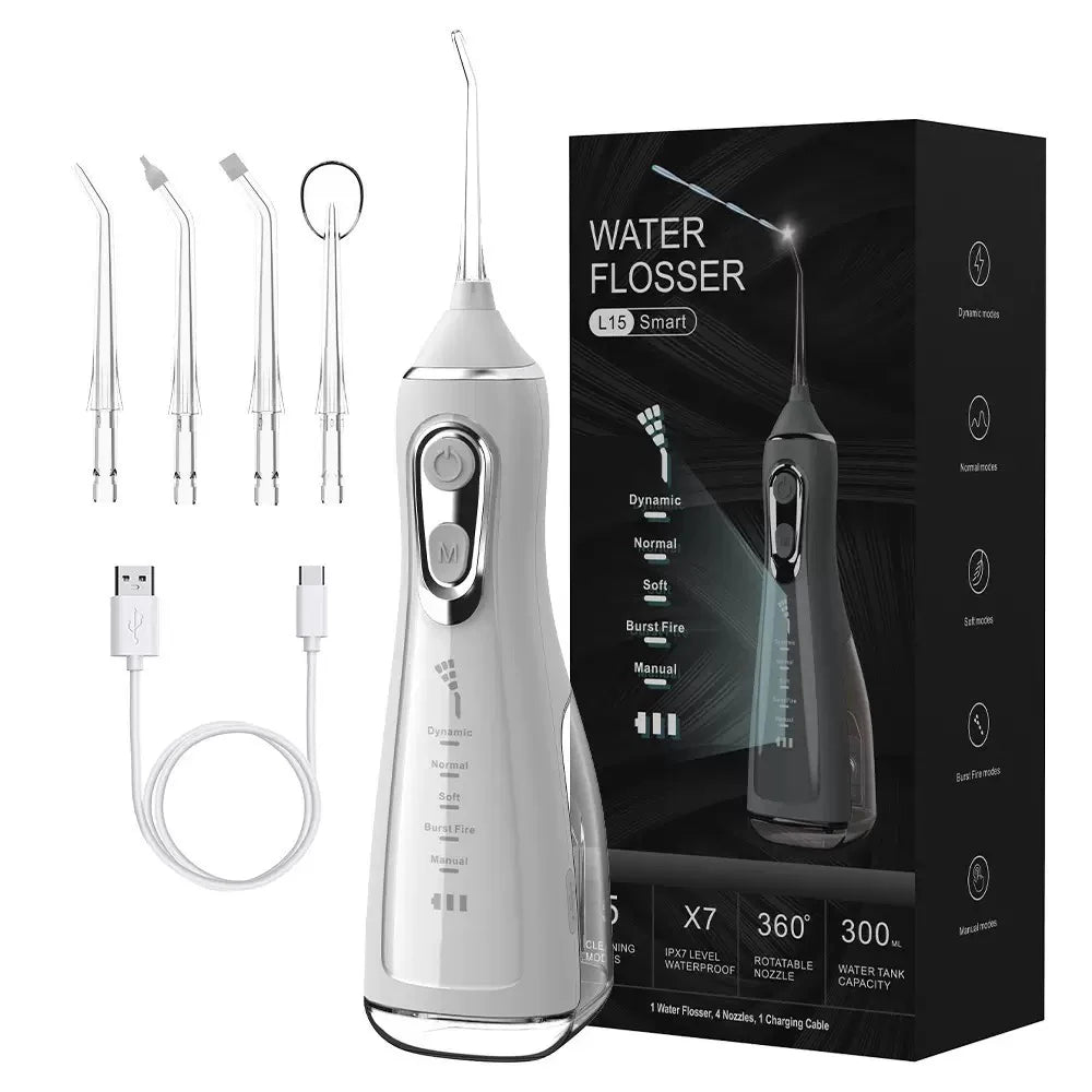 OEM Water Flosser IPX7 300ML Cordless Portable Dental Floss Electric for with 6 Modes 4 Nozzles Type-C Charging
