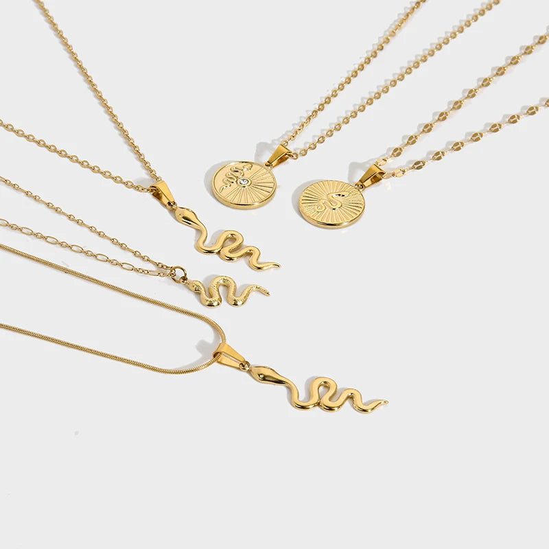 Minimalist Stainless Steel Snake Pendant Necklace with Bold Herringbone Chain Trendy Jewelry