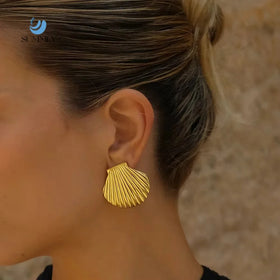 SUMMLY Vintage Wholesale Classic Simple Shell Shape Bar Texture 18K Gold Plated Stainless Steel Earrings Fashion Jewelry