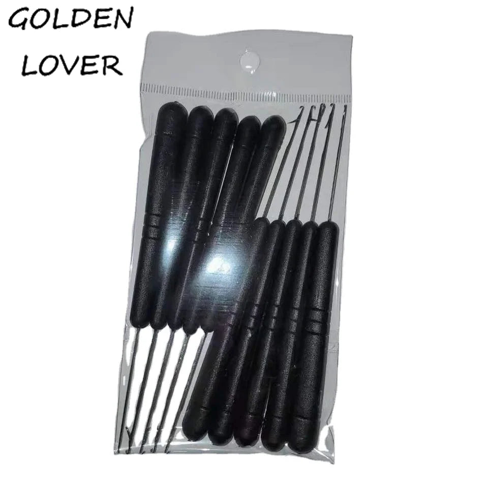 10Pcs Black Color Plastic Handle Hook Needle Threader Loop Pulling Needle for Micro Hair Extensions Tools