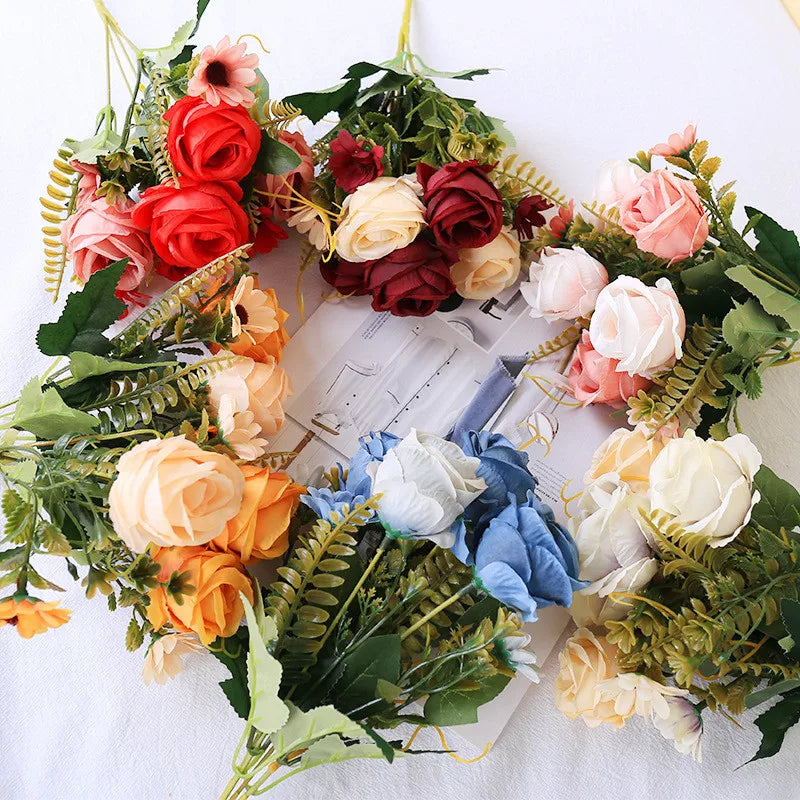 E07603 Wedding Backdrop Red pink Blue Flower Bridal Bouquet Faux Rose Artificial Flower Bouquet for Home Party