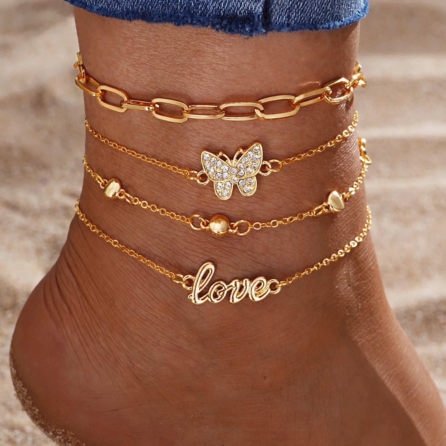 VKME 4Pcs/Set Rhinestone Butterfly Letter Anklet Set for Women Jewelry Wholesale