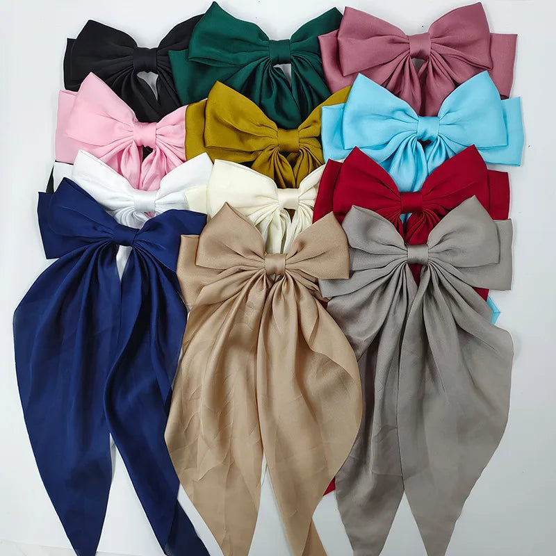 Long Luxury Elegant Fashion Metal Silk Satin Bow Hair Clips Girls-ODBO Model ODBO022 Large Custom Colors Pink Bowknot Hair