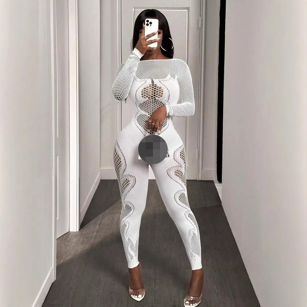 Spring Summer New Arrivals Women Hollow Out Long Sleeve Free Size Party Wear One Piece Jumpsuit Women Sexy Jumpsuit