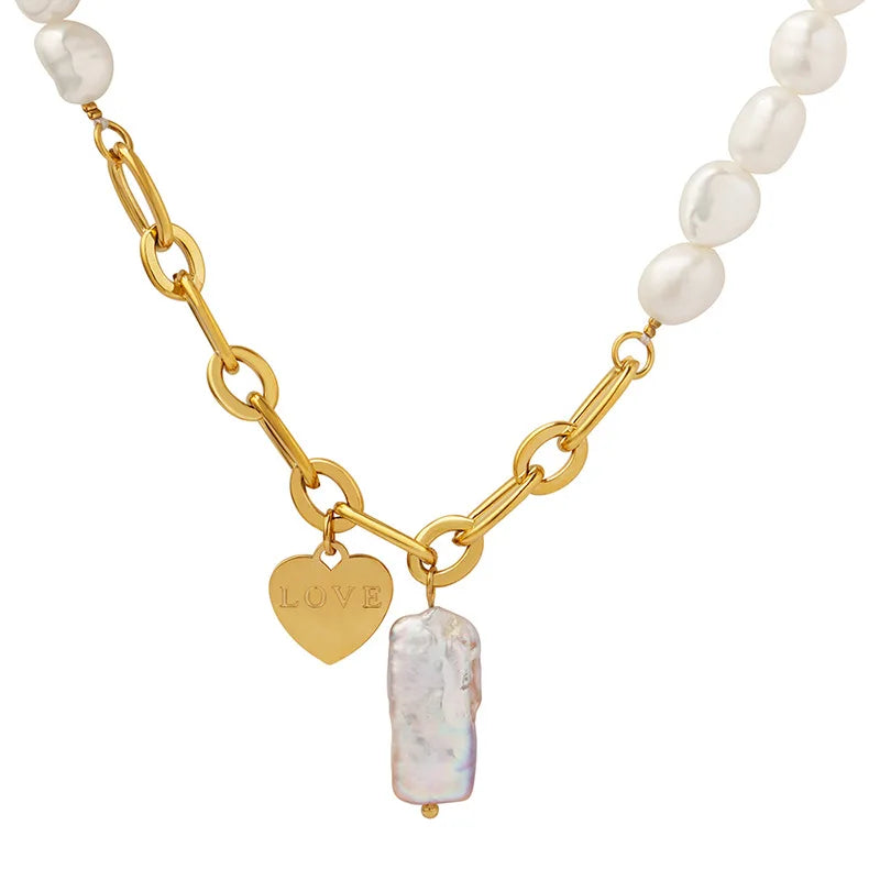 Wholesale 18K Gold Plated Stainless Steel Heart Charm Pendant Link Freshwater Baroque Pearl Necklace for Women Parties Weddings