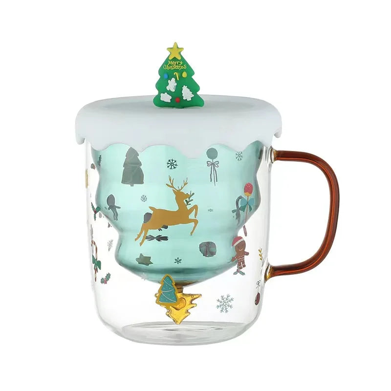 Bulk Nordic Unique Double Wall Cat Christmas Tree Glass Tea Coffee Mugs Kids Cute Glass Milk Juice Cups with Handle