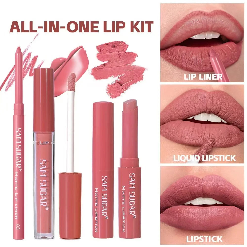 Hot Selling 3 Pieces Lip Makeup Kit Waterproof Long Lasting Cheap Liquid Velvet Lipstick Lighter and Pencil Lip Liner Set