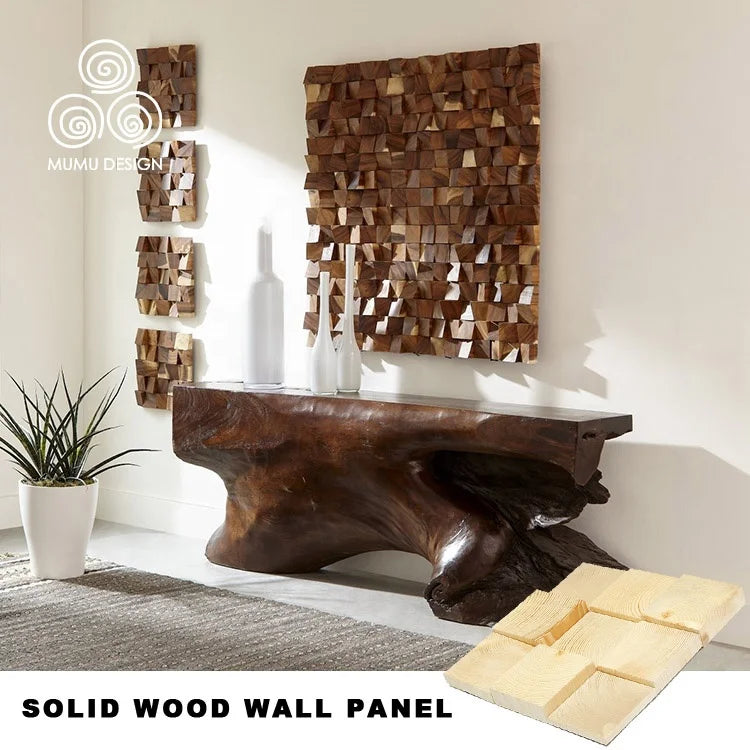 MUMU Strip Retro Old Solid Wood Irregular Wall Tile 3D Decorative Interior Wooden Mosaic Wall Panels