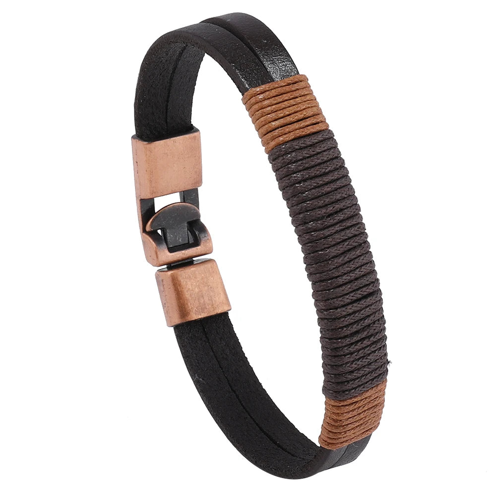 New Design Vintage Double Layer Genuine Leather Bracelet for Men Retro Metal Buckle Handmade Woven Men Bangle Gift
