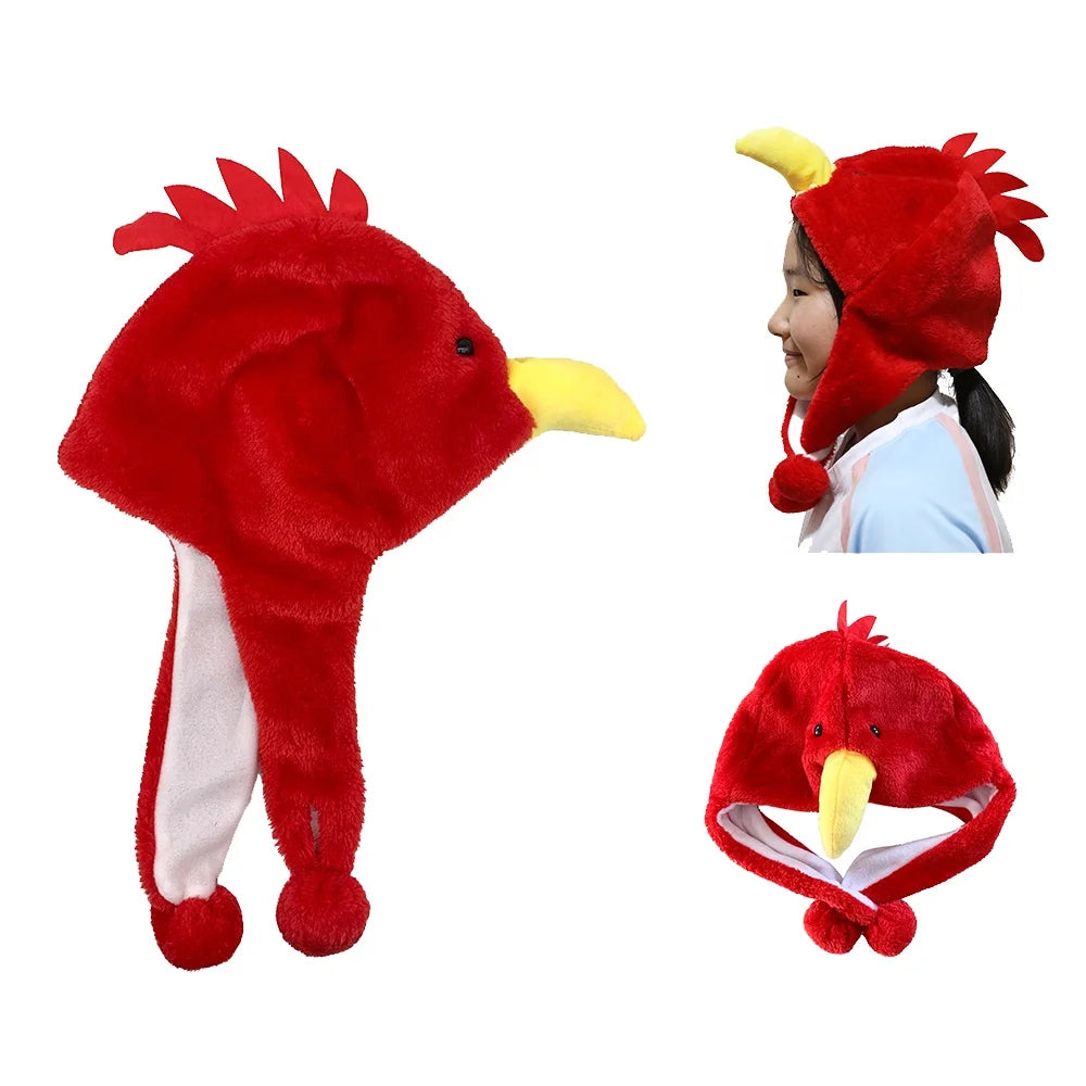 Cosplay Party Holiday Hat Soft Plush Cute Red Chicken Hats Cozy Fleece Winter Cap With Ear Flap for Kids and Teens One Size