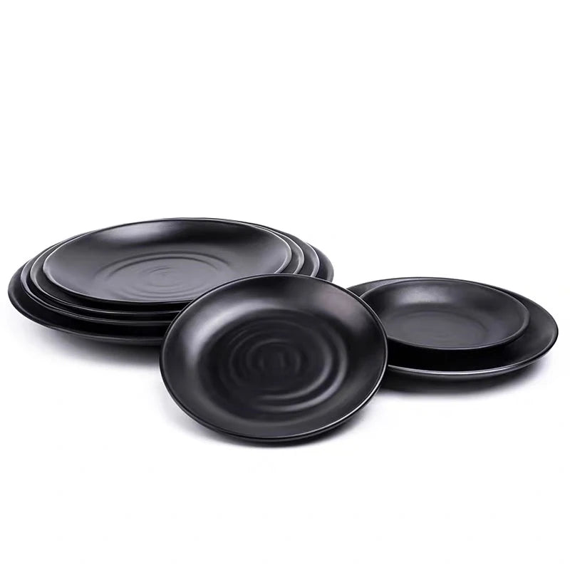 Wholesales Japanese Korean Style Matt Black Plate Melamine Round Sushi Plate Set