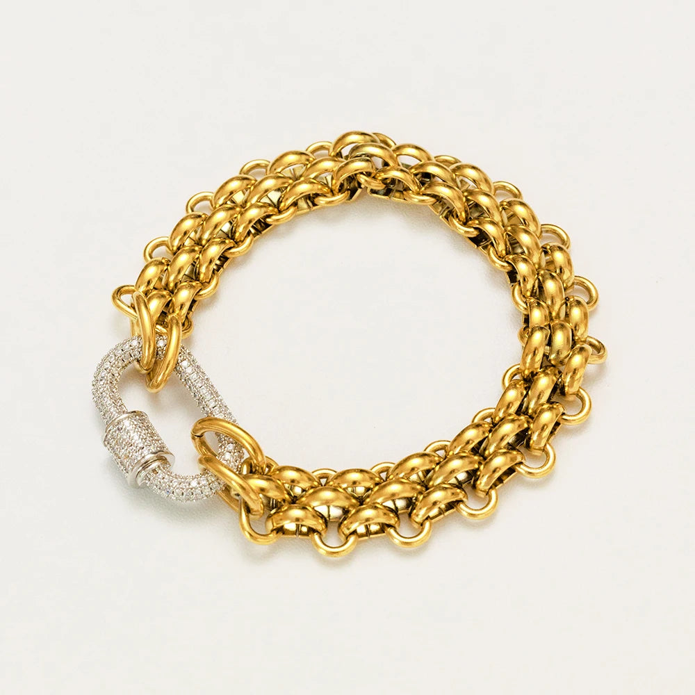YF3811 Fashion 18k Gold Plated Stainless Steel Hypoallergenicity Three Layer Weaving Chunky Chain Zircon Clasp Bracelet