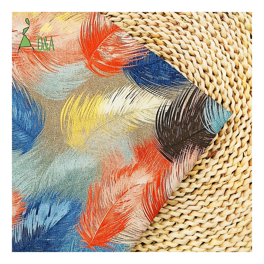 Wholesale Bohemian Style Artistic Colorful Feather Pattern Printed 100% Polyester Satin Fabric Anti-static Girls Sleepwear