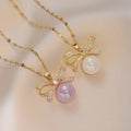 Women Fashion Gold Plated Stainless Steel Chain Trendy Bow Zircon Imitation Pearl Pendant Necklace