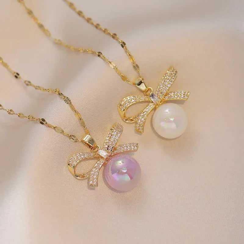 Women Fashion Gold Plated Stainless Steel Chain Trendy Bow Zircon Imitation Pearl Pendant Necklace