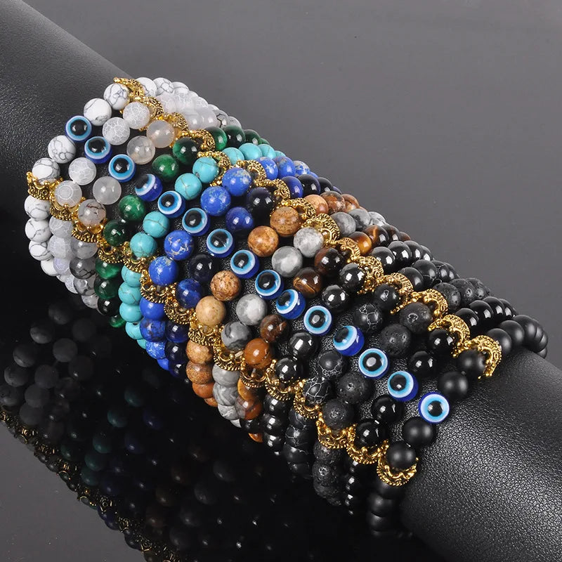 8mm Tiger Eye Gem Stone Round Bead Gold Crown Lucky Blue Evil Eye Charm Bracelet for Men Women Couple Friendship Jewelry Gift