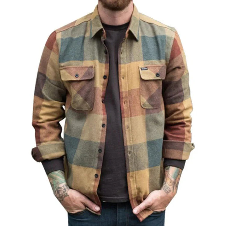 Fashion Breathable Polyester Buttoned Men's Casual Slim Turn-down Collar Vintage Plaid Shirts Autumn
