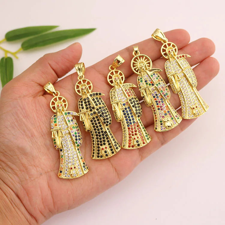 Big 18k Gold Plated CZ Micro Santeria Holy Death Amulet Pendant Crystal Paved Our Lady of the Holy Death Santa Muerte Pendants