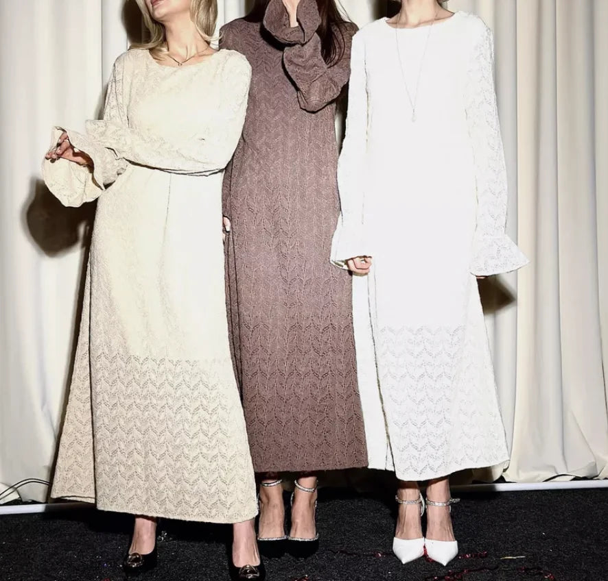 Enyami Snow Dot Jacquard One Piece Ivory Knitted Pakistani Style Schiffly Chikan Suit Maxi Ladies Long Sleeve Casual Maxi Dress