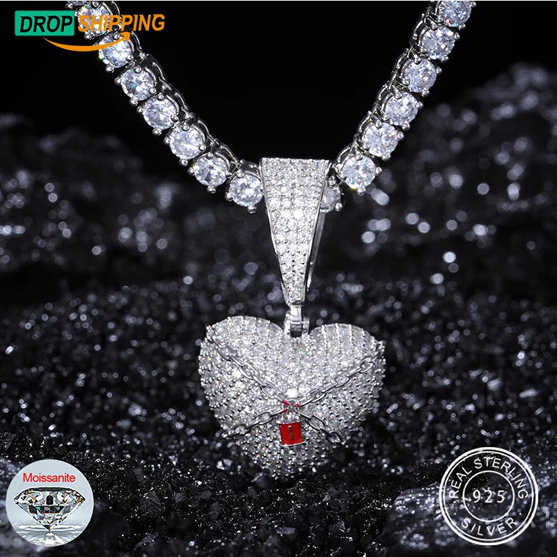 Dropshipping Bling Rapper's Jewelry Gold Plated 925 Sterling Silver VVS Moissanite Diamond Iced Out Lock Heart Pendant