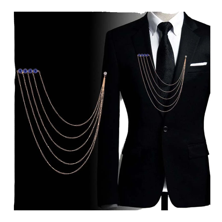 Garment Suit Ornament Embellished Brooches Men Coat Collar Vintage Crystal Rhinestone Long Chain Lapel Pin Brooch