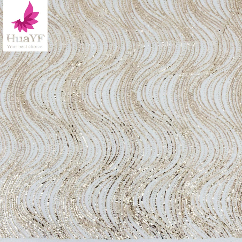 Luxury Wave Gold Sequin Laces Beaded French Tulle Lace Fabric for Evening Dress HY2104-1