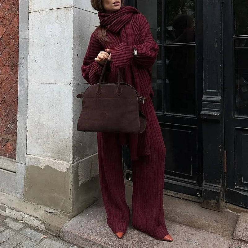 OUDINA New V-neck Casual Loose Knitted Sweater Solid Color High Waist Straight Trousers Women Two Piece Sets