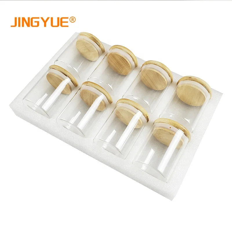 Hot Sale 8 Pieces 8.5oz 250ml Clear Glass Spice Jars Containers Set With Bamboo Airtight Lid for Home Pantry Kitchen