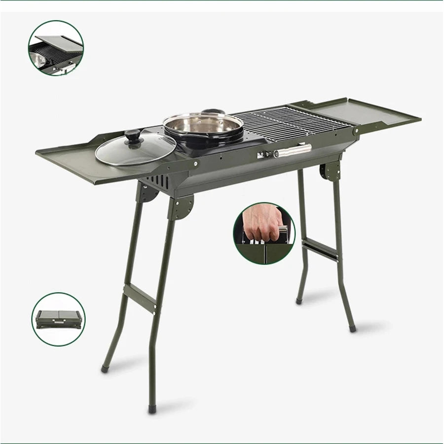 Modern Portable Folding Carbon Steel Charcoal BBQ Grill with Side Table Green Outdoor Camp Tool