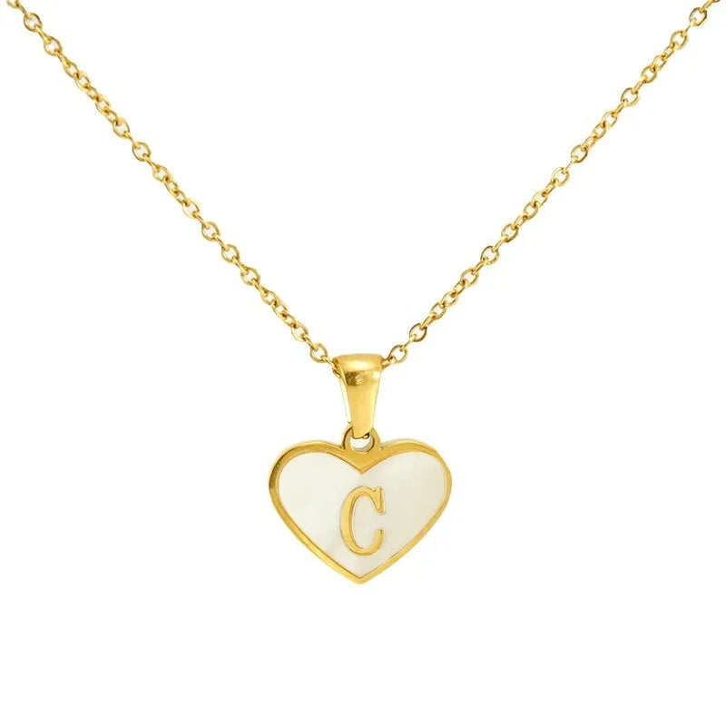 BJG0365N Heart A-Z 26 Letters White Acrylic 18K Gold Plated Stainless Steel Link Chain Pendant Necklace for Women