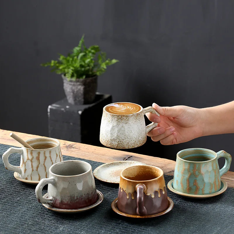 320ml Retro Japanese Style Coarse Ceramic Mug and Saucer Set Restaurant Quality Milk Tea & Coffee Cup & Saucer