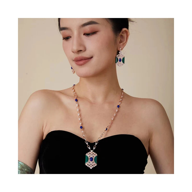 Newest Luxury Green Malachite Blue Stone Pendant Long Chain Necklace Earring Sets Dubai Bridal Wedding Jewelry Set