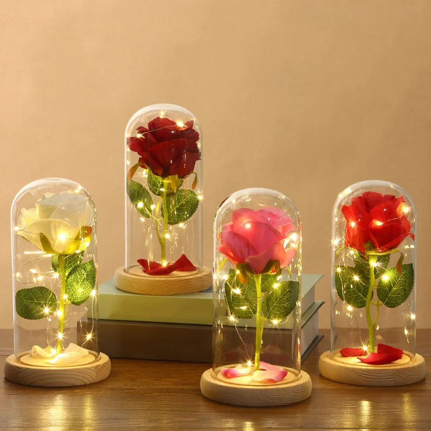 Custom LED Artificial Rose Glass Lampshade Clear Glass Dome Proposal Romantic Valentine's Day Birthday Gift Christmas Decoration
