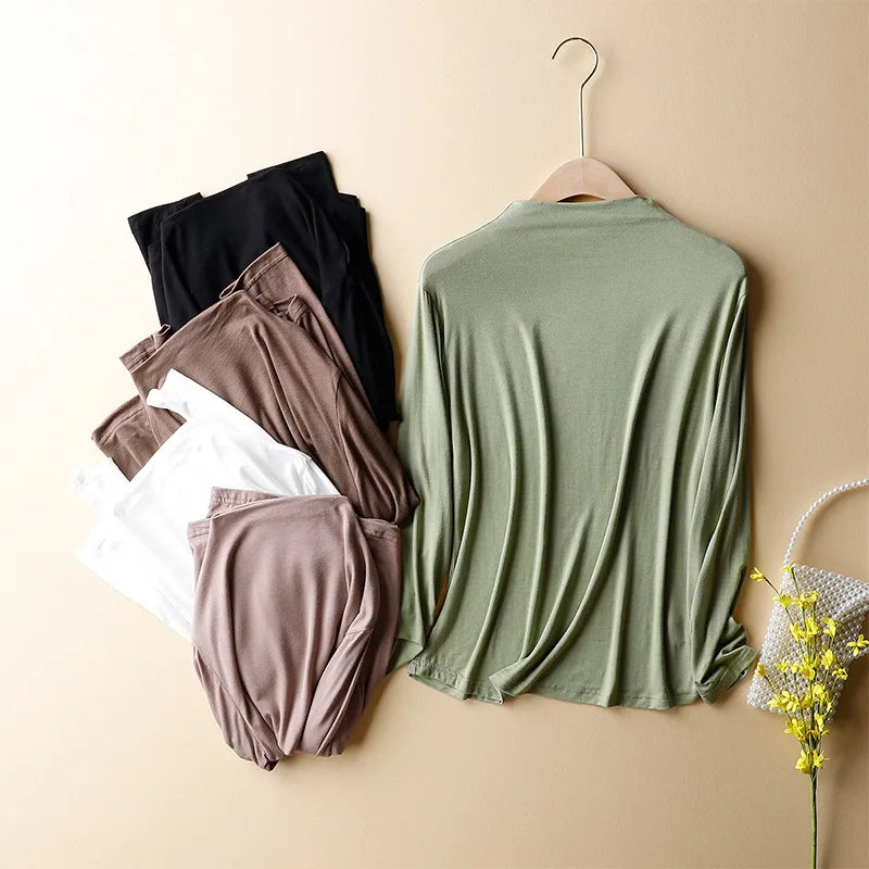 Women's Half Turtle Neck Solid Color Basic T Shirts Spring Plus Size Modal Stretch Long Sleeve Tops Tee Shirt Slim Women's Top