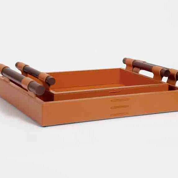 T-99 Eco-Friendly Leather Tray Luxury Wholesale Natural Tray with Walnut Wood Handle Woven Serving Trays