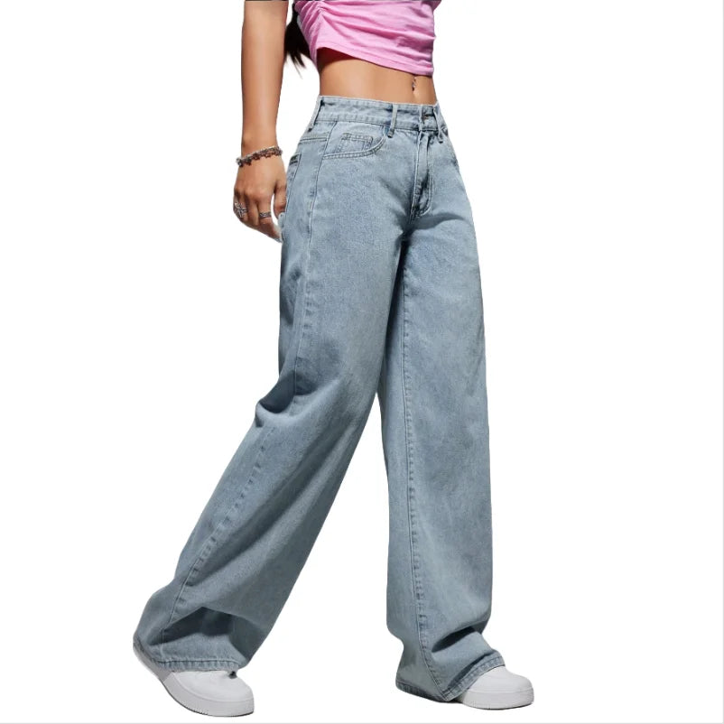 Light Blue Breathable Mid Waist Baggy Jeans for Women Casual Style Denim Pants Wide Legs Simple Fashion Element Washable Woven