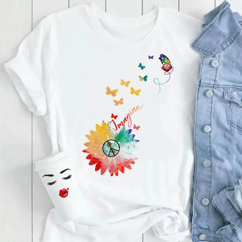 Custom Women Print Clothes Dandelion Watercolor Dragonfly Love Female Tops Tee Tshirt Fashion Cartoon Ladies Graphic T-Shirt