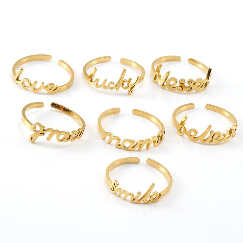 2026 Trending Vintage 18K Gold Plated Stainless Steel Adjustable Rings Lucky Mama Love Blessed Smile Letter Open Ring Women
