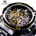 Forsining Men Mechanical Watch Luxury Steampunk Stainless Steel  Skeleton Waterproof Wristwatches Mens Automatic Watches Black