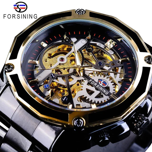 Forsining Men Mechanical Watch Luxury Steampunk Stainless Steel  Skeleton Waterproof Wristwatches Mens Automatic Watches Black