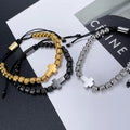 YUNSE Vintage 18K Gold Plated Round Stainless Steel Beaded Bracelets Adjustable Braided Rope Women Men Jewelry Cross Bangles