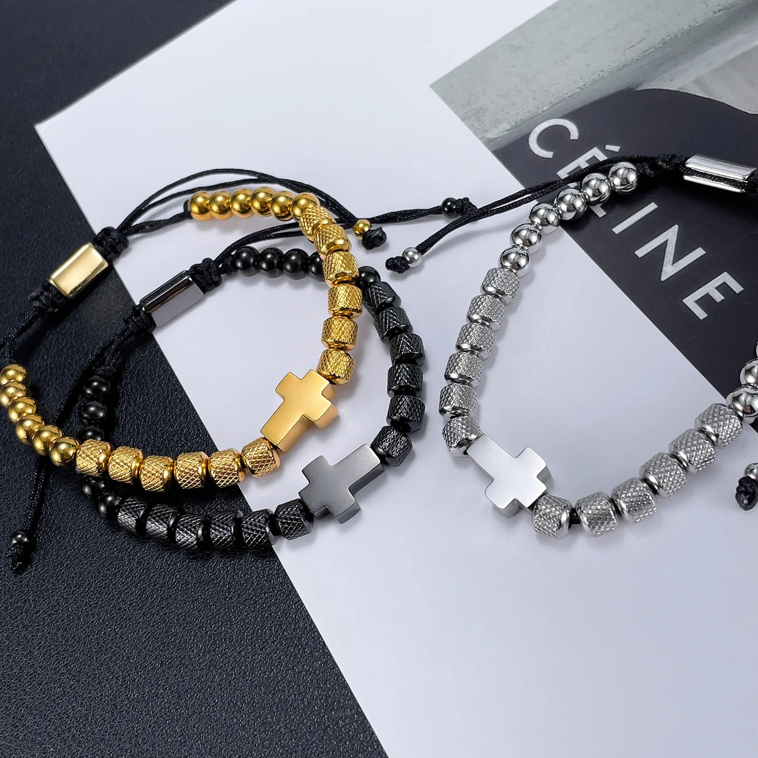 YUNSE Vintage 18K Gold Plated Round Stainless Steel Beaded Bracelets Adjustable Braided Rope Women Men Jewelry Cross Bangles