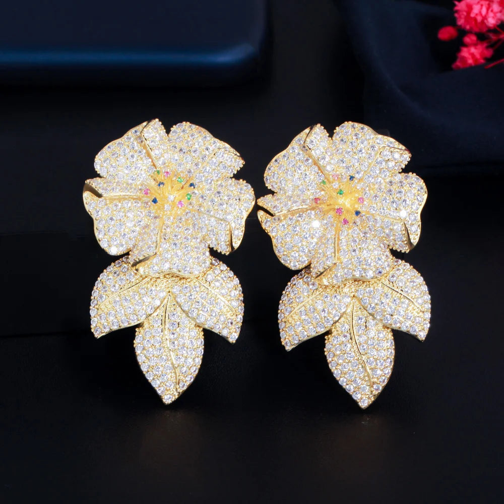 Luxury Statement Cubic Zircon Flower Drop Long Big Earrings for Women African Dubai Gold Plated Bridal Wedding Costume Jewelry