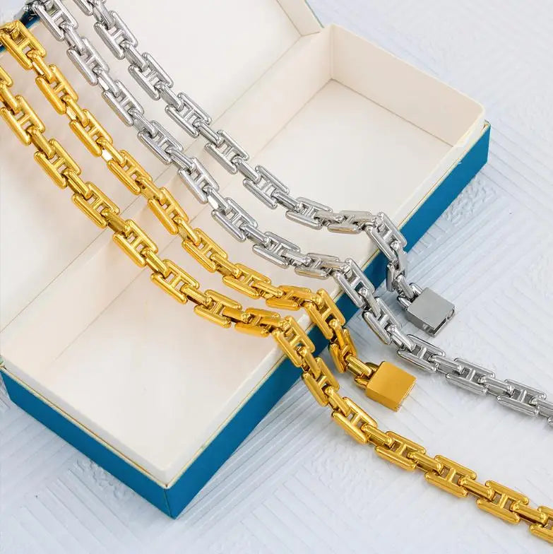Unique Design Trendy Chunky 18k Gold Plated Chain Necklace Unisex Waterproof Stainless Steel Necklace Bracelet Sets Fine Jewelry